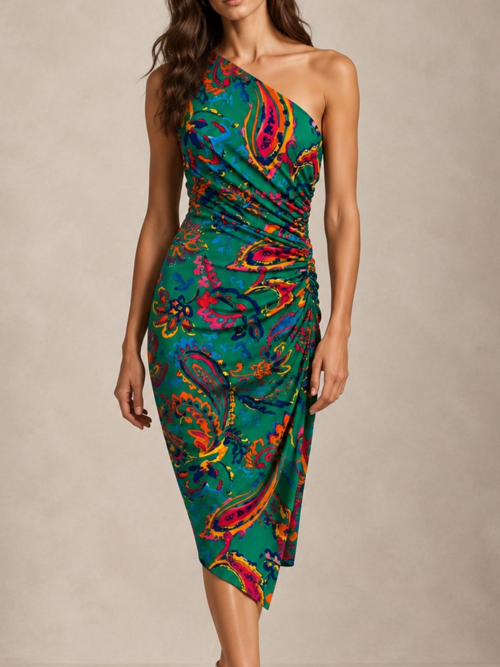 Lauren Ralph Lauren Green Paisley One Shoulder Ruched Dress Size 12